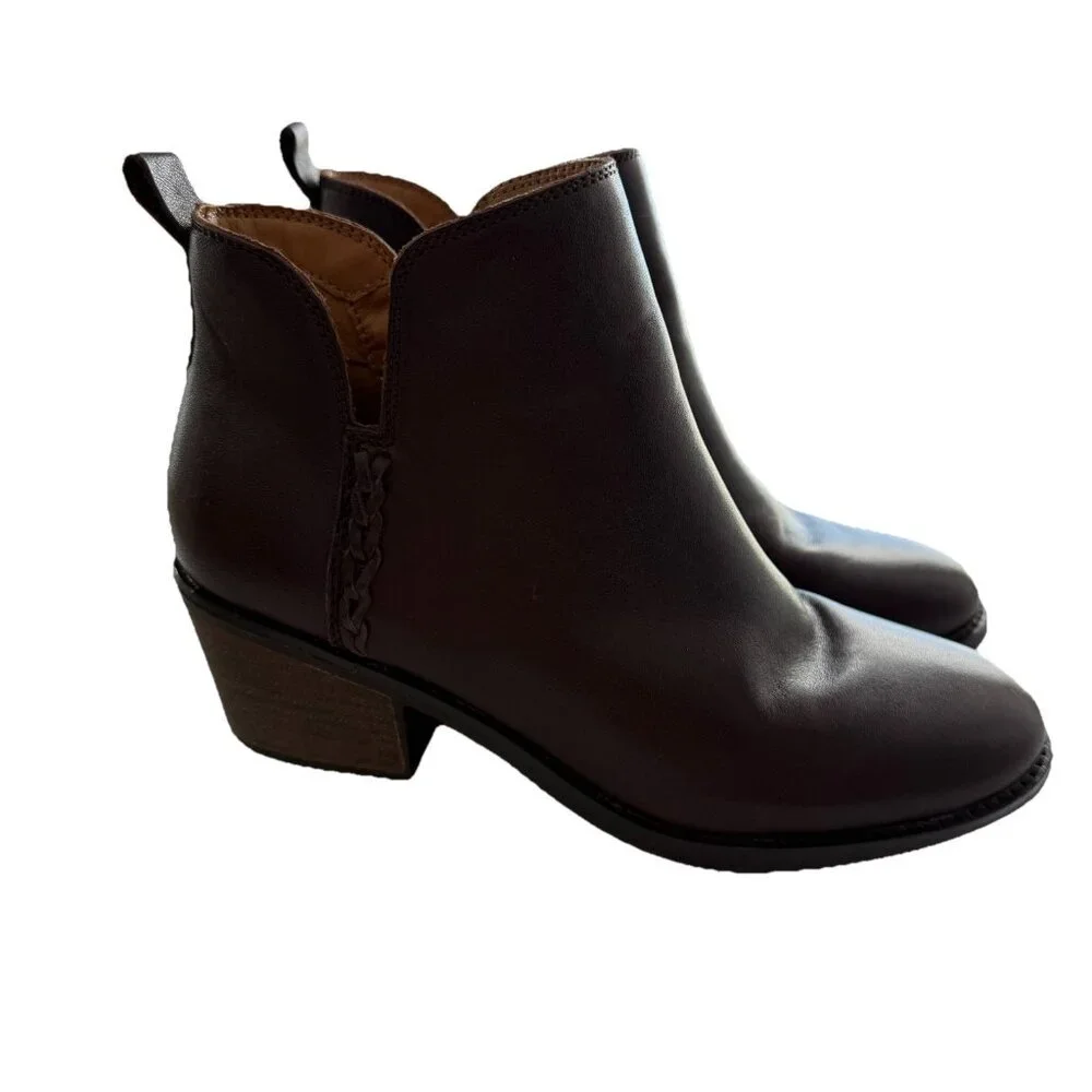 Earth Women’s 6.5 Marisole Block Heel Slip On Zipper Brown Leather Ankle‎ Boots